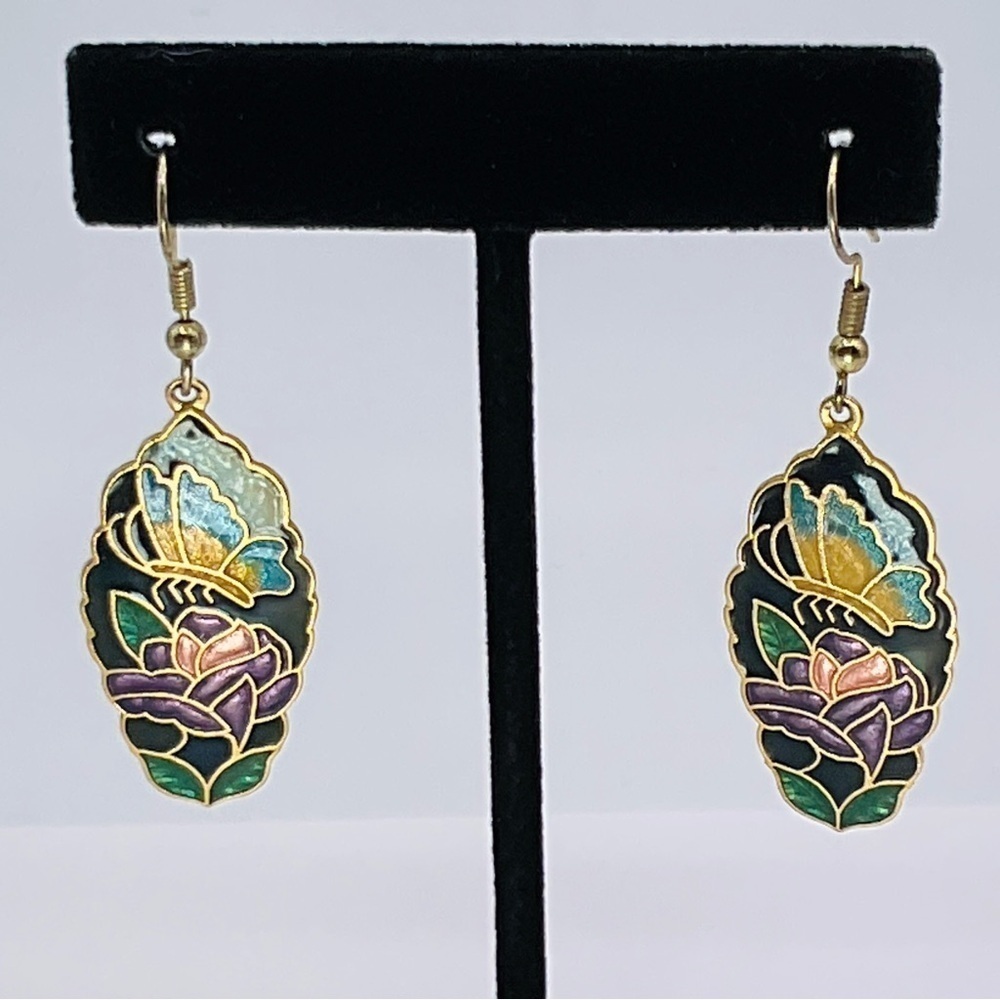 VTG Earrings Cloisonne Flower Butterfly Gold Tone 80s Jewelry Retro Gift Floral